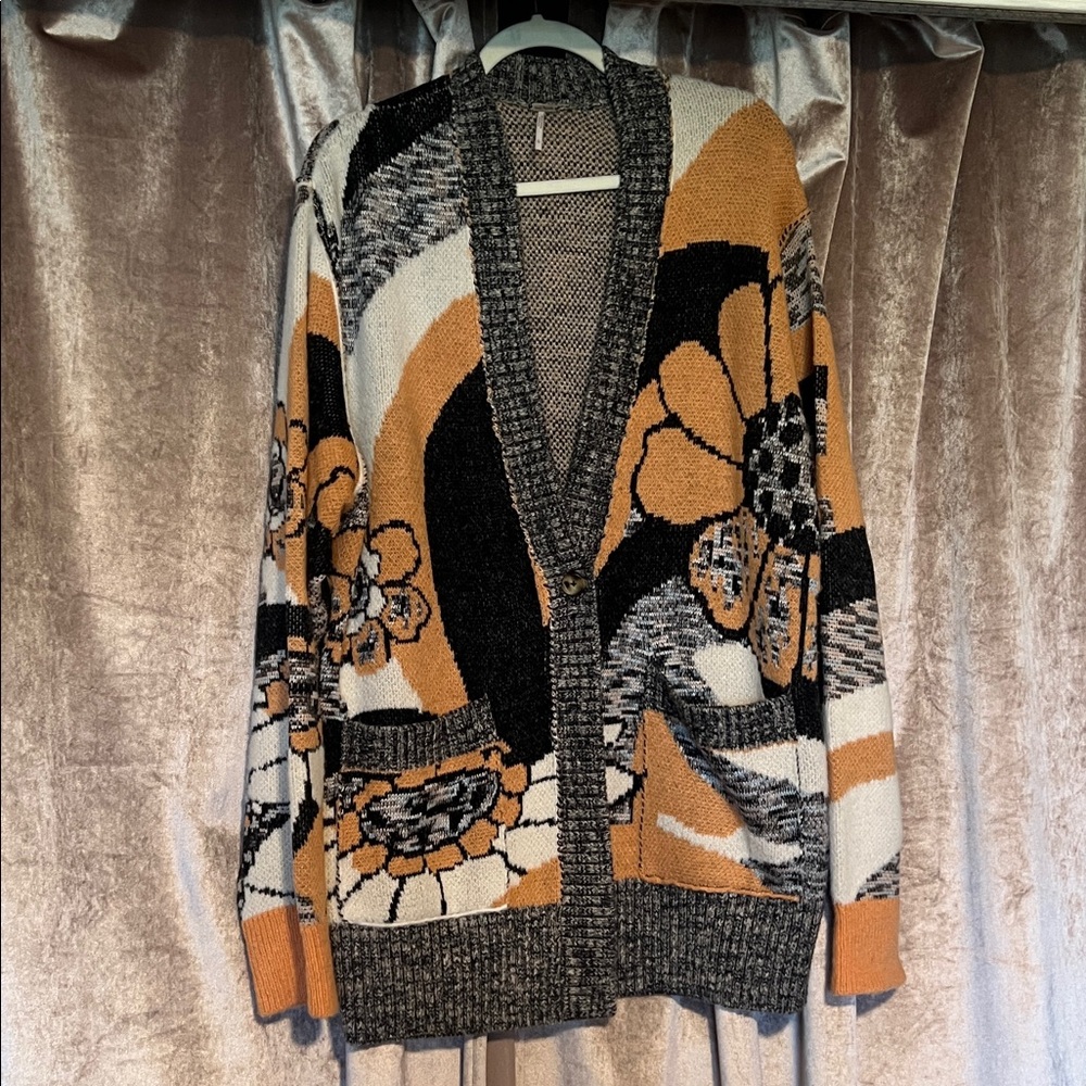 Free People August Knit Peach and Black Floral Cardigan